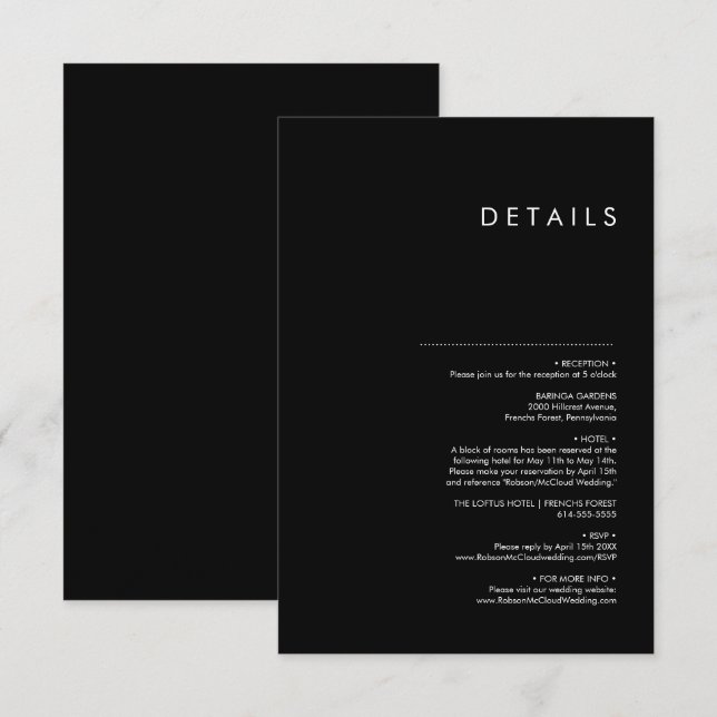 Moderne Minimalistische Schwarze Hochzeit Begleitkarte (Vorne/Hinten)