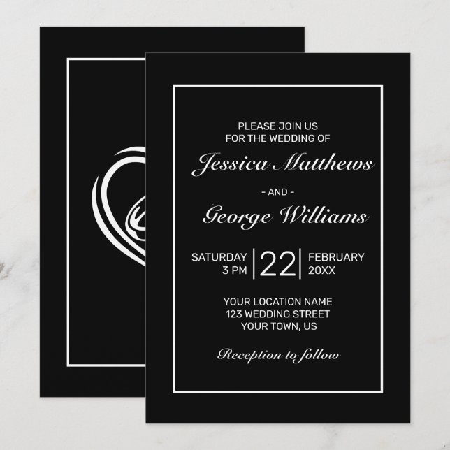 Moderne Minimalistische Schwarze Hochzeit Einladung (Vorne/Hinten)