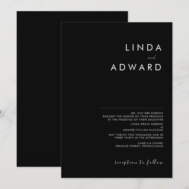 Moderne Minimalistische Schwarze Hochzeit Einladung (Vorne/Hinten)