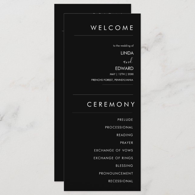Moderne Minimalistische Schwarze Hochzeit Programm (Vorne/Hinten)