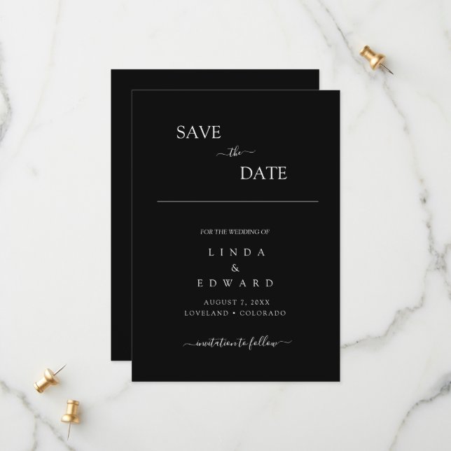 Moderne Minimalistische Schwarze Hochzeit Save The Date (Vorderseite/Rückseite Beispiel)