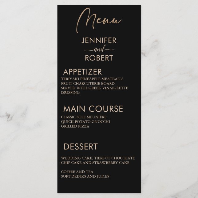 Moderne Minimalistische schwarze Hochzeitmenüs Menükarte (Vorderseite)