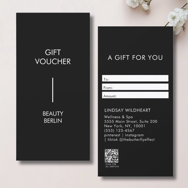 Moderne minimalistische schwarze QR-Code-Geschenkg (Modern Minimalist Black QR Code Gift Certificate)