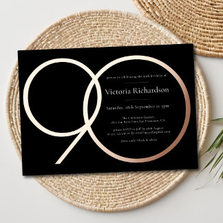 Moderne Minimalistische Schwarze Rose Gold 90. Geb Folieneinladung