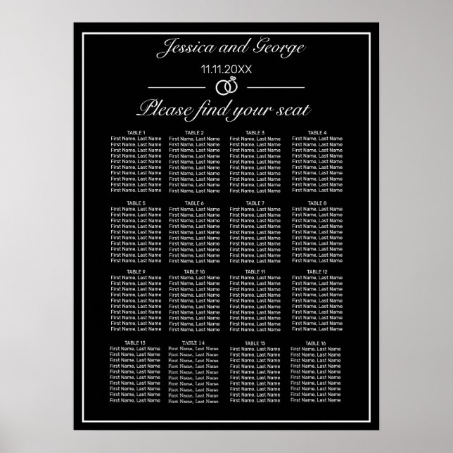 Moderne Minimalistische schwarze Sitzkarte 16 Tisc Poster (Vorne)