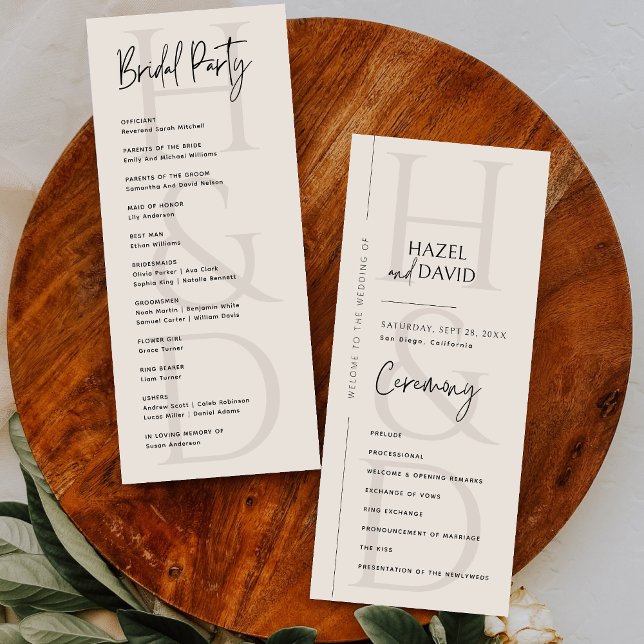 Moderne minimalistische schwarze und elfenbeinfarb programm (Modern minimalist black and ivory monogram program adds a soft, elegant touch to your ceremony.)