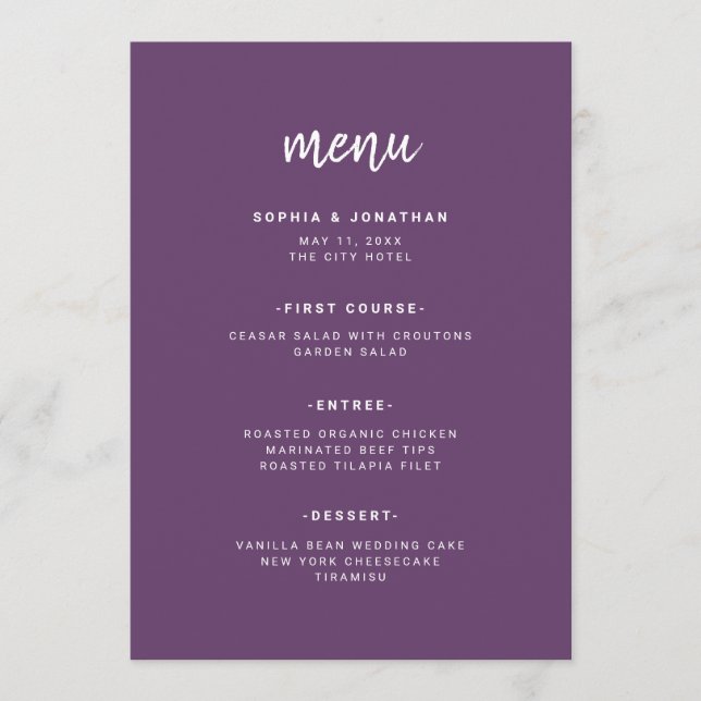 Moderne Minimalistische Script Cassis | Hochzeit Menükarte (Vorderseite)