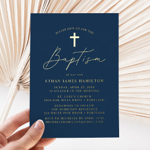 Moderne Minimalistische Script-Navy-Taufen Folieneinladung