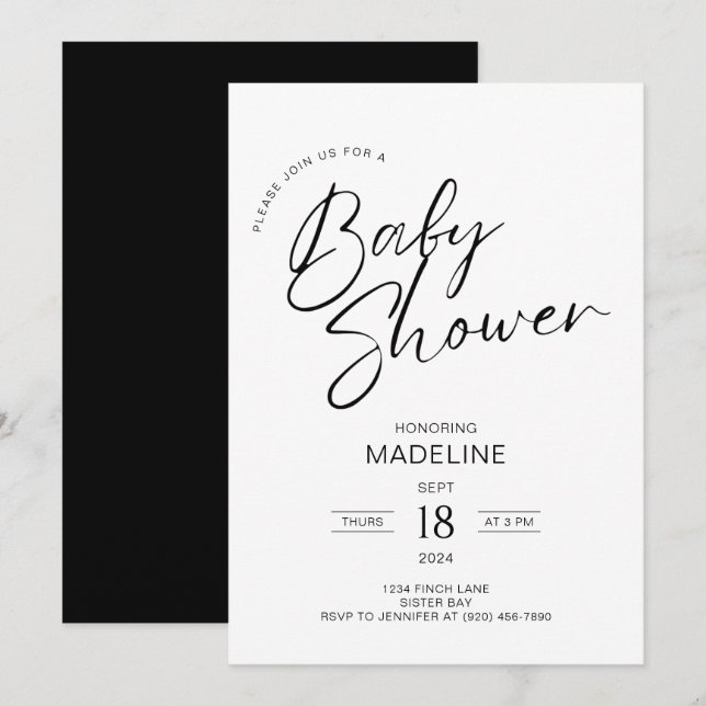 Moderne Minimalistische Script Typografy Baby Show Einladung (Vorne/Hinten)