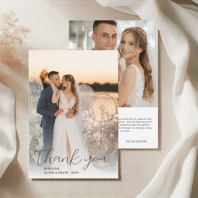Moderne Minimalistische Script Wedding 2 Fotos Dankeskarte (Modern Minimalist Script Wedding 2 Photos Thank You Card)