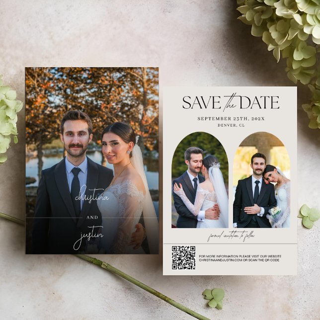 Moderne minimalistische Skript-QR-Code-Hochzeitsfo Save The Date (Von Creator hochgeladen)