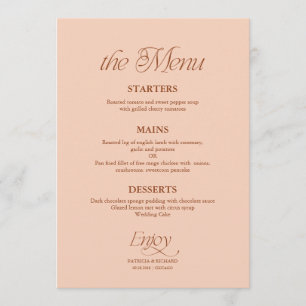Moderne minimalistische Soft-Peach-Hochzeitsmenü Menükarte