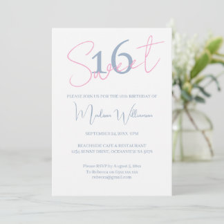 Moderne Minimalistische Sweet 16 Blau Weiße Geburt Einladung