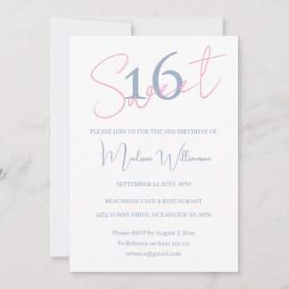 Moderne Minimalistische Sweet 16 Pink Blau Geburts Einladung