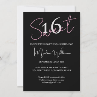 Moderne Minimalistische Sweet 16 Schwarz Rosa Gebu Einladung