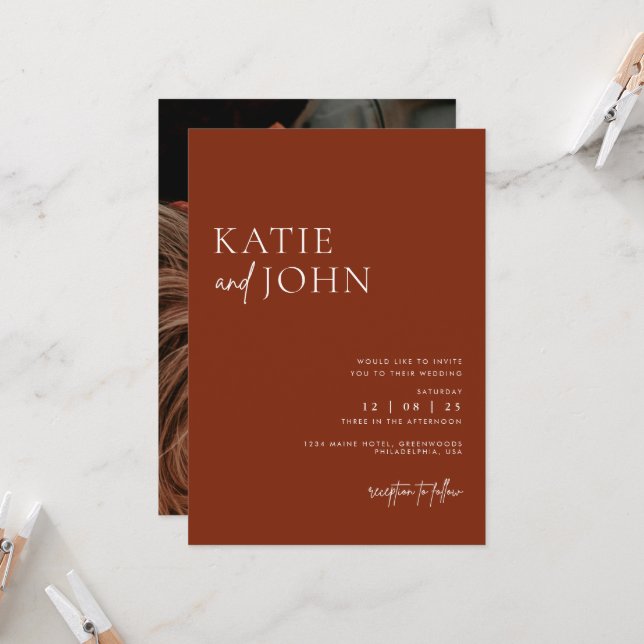 Moderne Minimalistische Terracotta Boho Wedding Einladung (Vorderseite/Rückseite Beispiel)