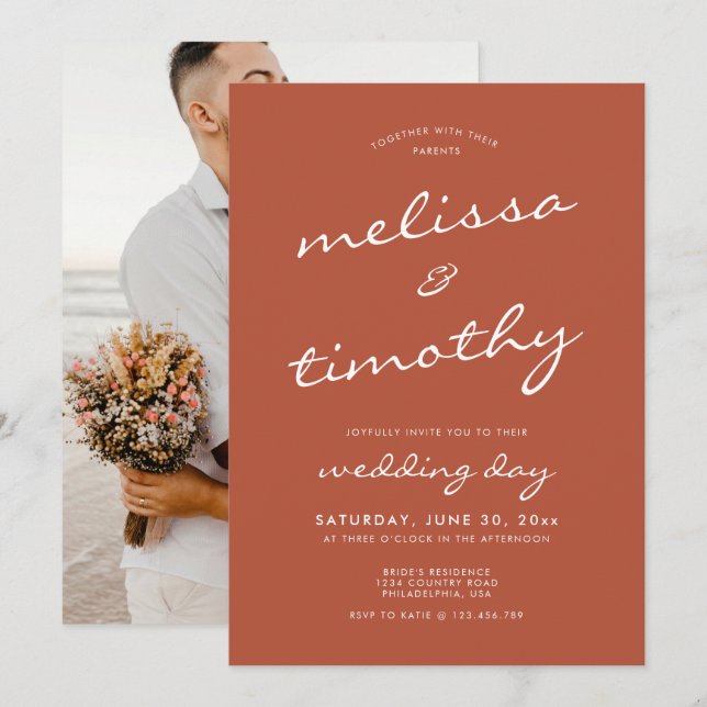Moderne Minimalistische Terracotta Wedding Einladung (Vorne/Hinten)