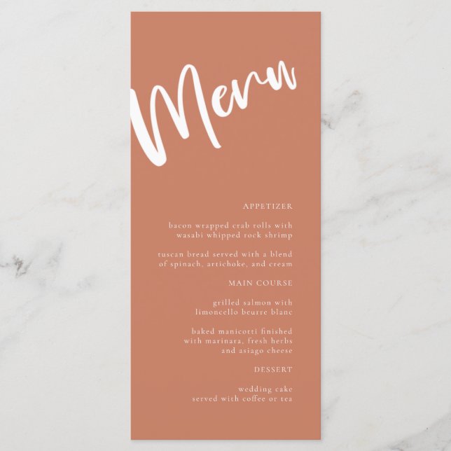 Moderne Minimalistische Terracotta Wedding Menu Menükarte (Vorderseite)