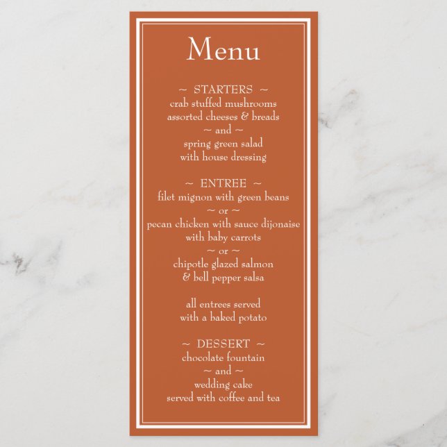 Moderne Minimalistische Terracotta Wedding Menu Menükarte (Vorderseite)