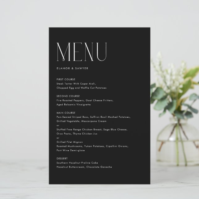 Moderne Minimalistische Typografie Black Menu Card (Stehend Vorderseite)