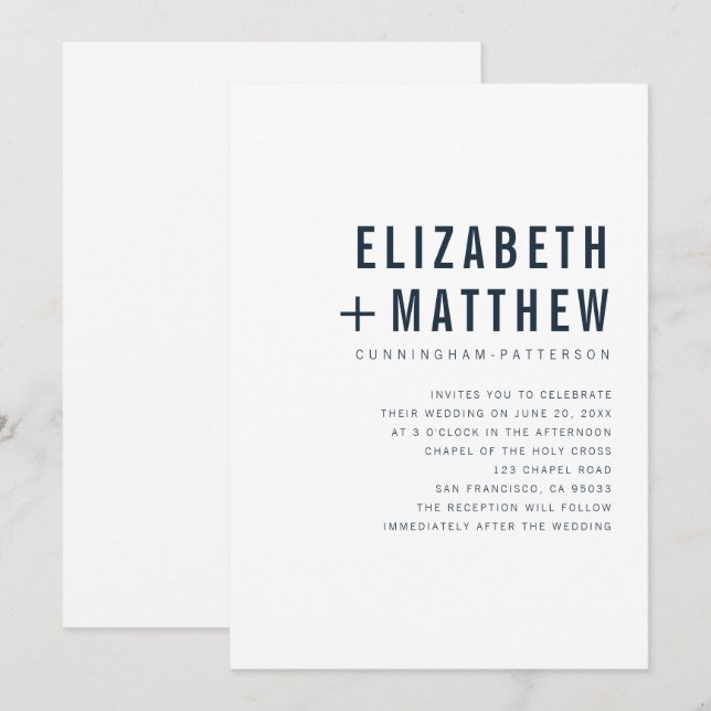 Moderne + Minimalistische Typografie-Hochzeit Einladung (Vorne/Hinten)