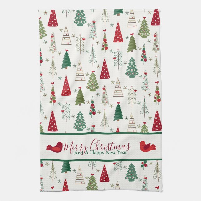 Moderne Minimalistische Weihnachtsbaummuster Rot G Geschirrtuch (Vertikal)