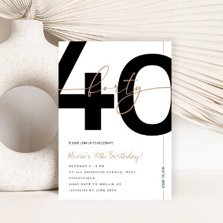 Moderne Minimalistische Weiße & Goldene 40. Geburt Einladung