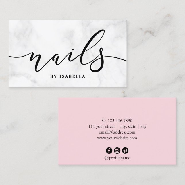 Moderne, minimalistische, weiße Marmor- und rosa N Visitenkarte (Vorne/Hinten)
