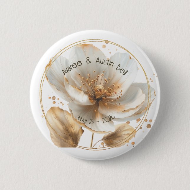 Moderne minimalistische weiße und goldene Hochzeit Button (Vorderseite)