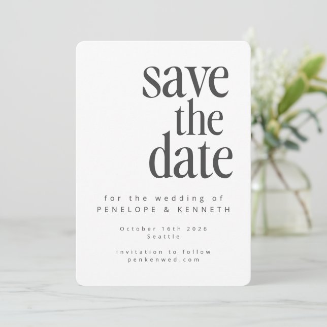 Moderne minimalistische White Black Simple Wedding Save The Date (Stehend Vorderseite)