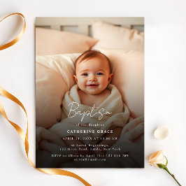 Moderne Minimalistische White Script Baby Foto Tau Einladung
