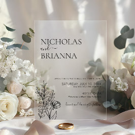 Moderne minimalistische Wildblumen-Hochzeit Acryleinladungen
