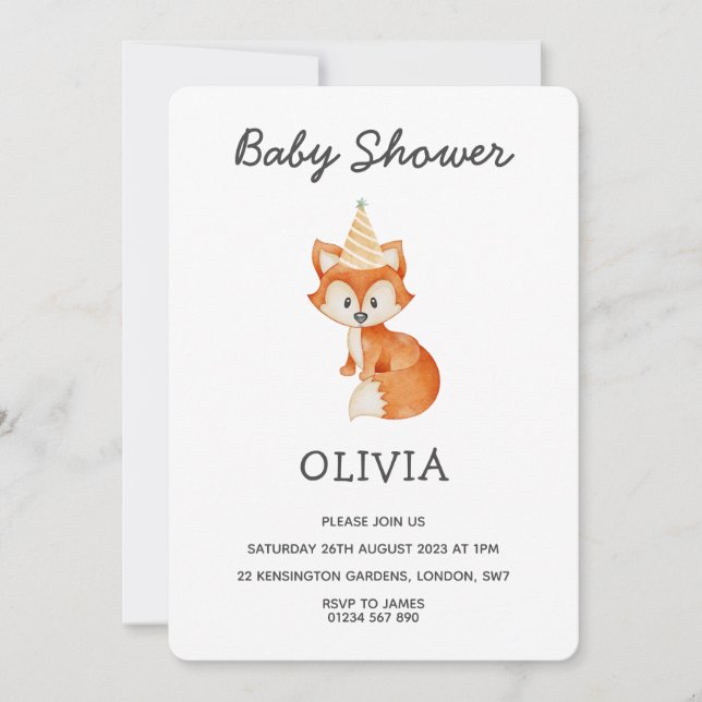 Moderne Minimalistische Woodland Fox Kinderdusche Einladung (Vorderseite)