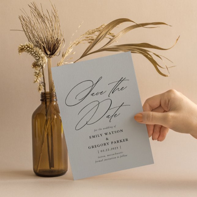Moderne Minimalkalligrafie Grau Hochzeit Save The Date (Von Creator hochgeladen)
