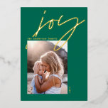 Moderne Minimalskriptfreude 1 Foto grün elegant Folien Feiertagskarte<br><div class="desc">Moderne minimale Skriptgrün Freude 1 Foto Urlaubskarte. Elegantes Gold-,  Silber- und Rose-Goldfoliendesign.</div>