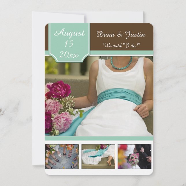 Moderne Mint Brown Foto Collage Post Hochzeit Einladung (Vorderseite)
