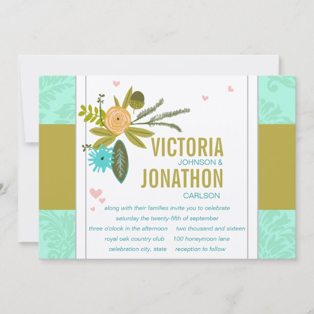 Moderne Mint Damask Hochzeit einladen Einladung (Vorderseite)