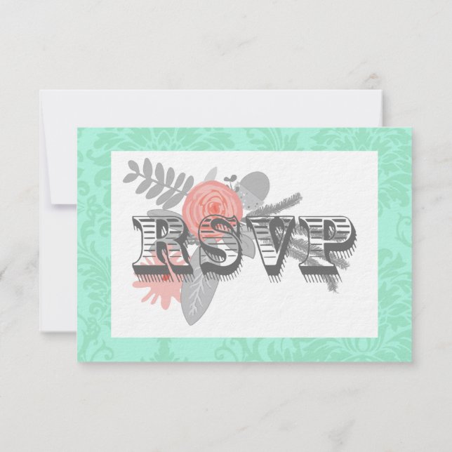 Moderne Mint Damask Hochzeit einladen Einladung (Rückseite)