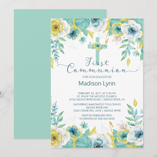 Moderne Mint Gold Floral Erste Heilige Kommune Einladung (Vorne/Hinten)