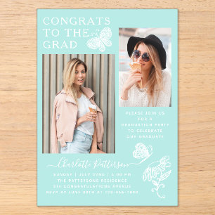 Moderne Mint Green Butterfly Foto Graduation Party Acryleinladungen