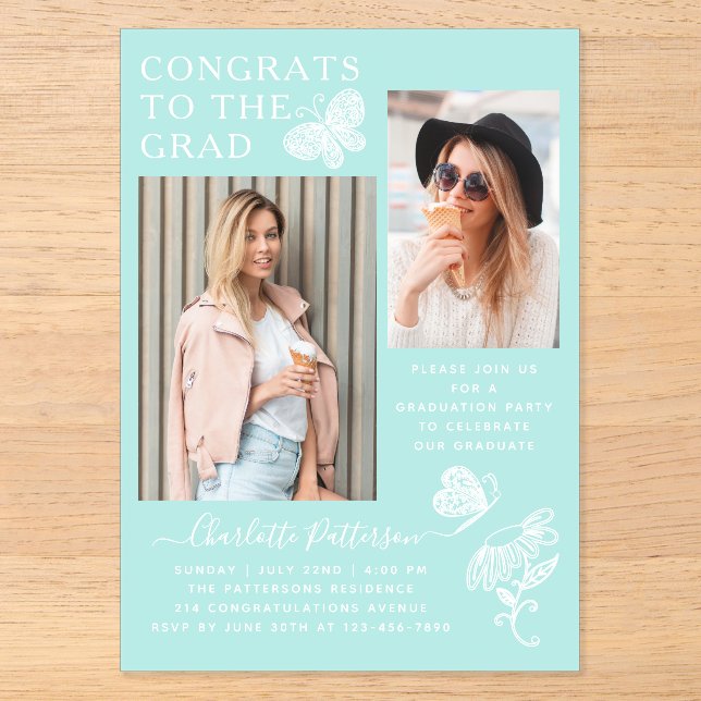 Moderne Mint Green Butterfly Foto Graduation Party Acryleinladungen (Vorderseite)