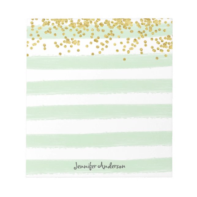 Moderne Mint Green Strip Gold Confetti personalisi Notizblock (Vorderseite)