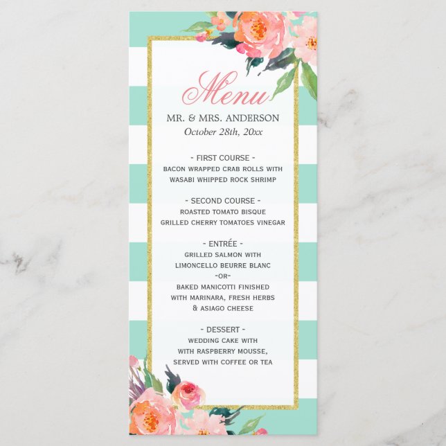 Moderne Mint Green Stripes Floral Mariage Menu (Devant)