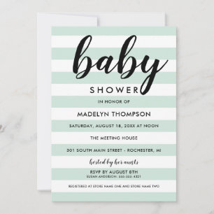 Moderne Mint-Streifen-Script-Baby-Party Einladung