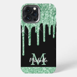 Moderne Mintgrün-Glitter-Tropfen-Monogramm iPhone 13 Pro Max Hülle