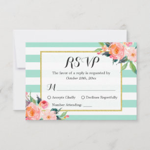 Moderne Mintgrüne Streifen Blumen RSVP Antwortkart Karte