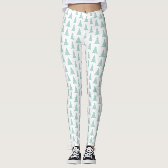 Moderne Minze Grüne Bäume auf weißem geometrischem Leggings (Vorderseite)