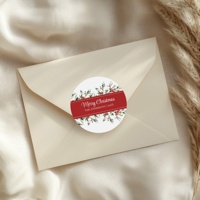 Moderne Mistletoe Frohe Weihnachtsgeschenke Sticke Runder Aufkleber (Modern Mistletoe Merry Christmas Gift Stickers on an elegant envelope)