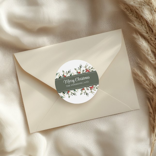 Moderne Mistletoe Frohe Weihnachtsgeschenke Sticke Runder Aufkleber (Modern Mistletoe Merry Christmas Gift Stickers on an elegant envelope.)