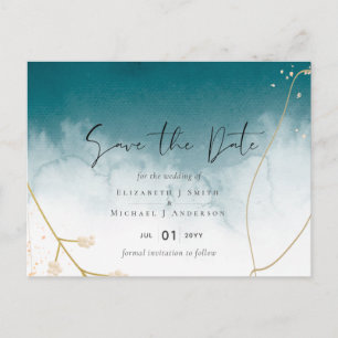 Moderne Misty Blue Gold Wedding Postkarte
